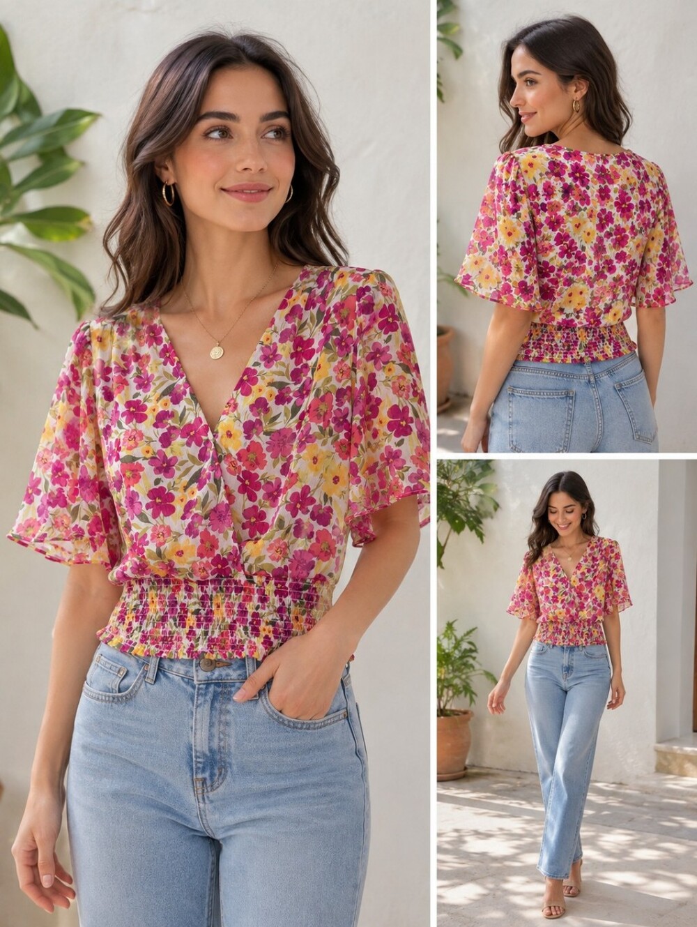 Tamara H. Floral Smocked Waist V-Neck Top - Pink & Yellow